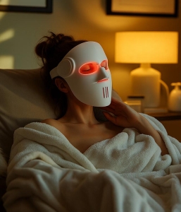 Woman wearing a red light therapy mask during skincare routine